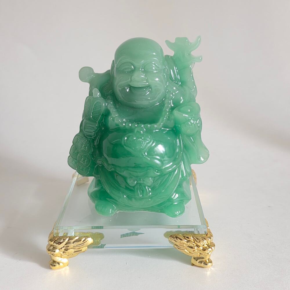 Chinese Wealth Laughing Buddha Green Figurine on Glass Stand 5"